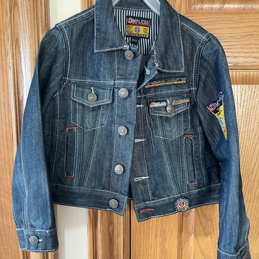 Complices Boys Size 6 Kids Blue Jean Jacket with Yellow Stitching and Patches